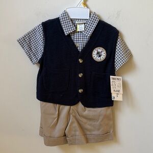 BT Kids 3pc Navy Vest and Plaid Shirt Set with Khaki Shorts NWT Boy’s Size 2T